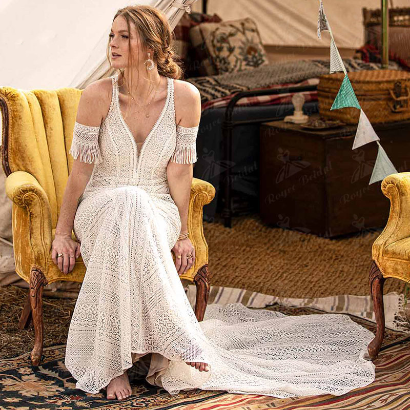 Mermaid Boho Bohemian Wedding Dress Deep V Neck Tank Open Back vintage crochet Lace pastrol country Bridal Gown Abito da sposa