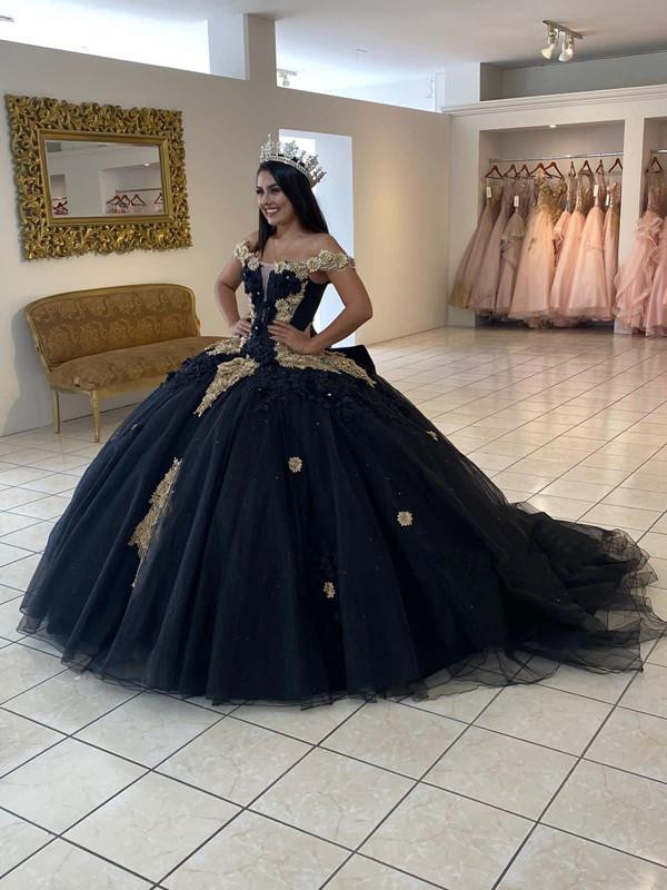 Vintage Black Ball Gown Quinceanera Dresses Vestidos De 15 Anos Glitter Sequins Lace Appliques Birthday Princess Party Gowns Bow Off The Shoulder Swee