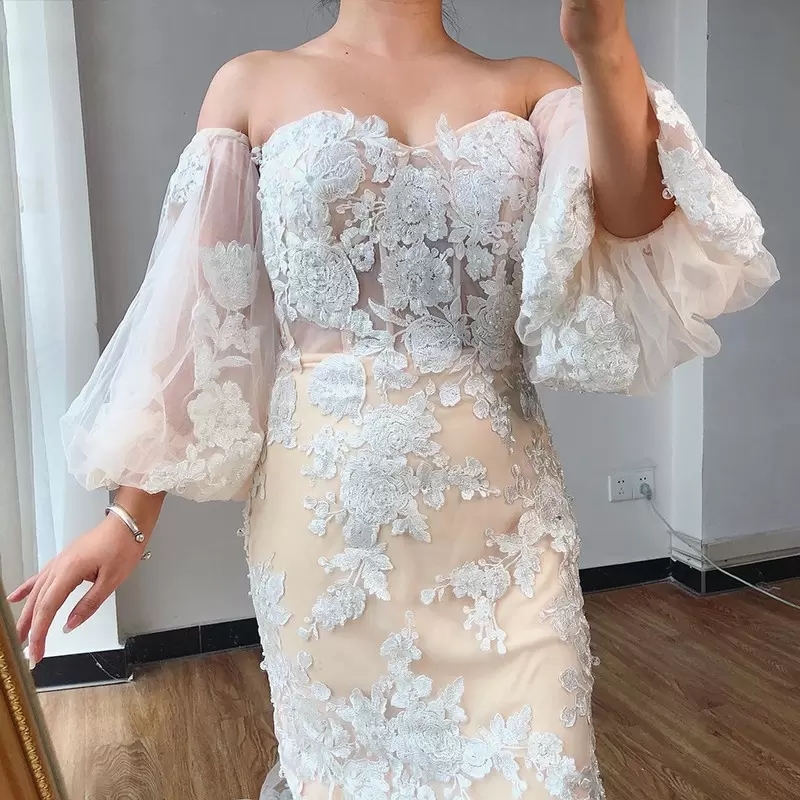 Juliet Half Sleeves Off Shoulder Wedding Dress Floral Flower Lace Applique Pearls Piping Tulle Formal Dress Afircan Bridal Dress For Bride