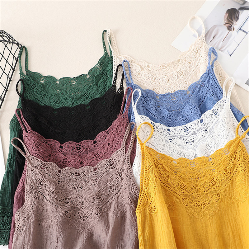 Summer Spaghetti Strap Tops Women Sleeveless V-Neck Embroidery Cotton Linen Tank Top Casual Vintage Camis Mujer Tee Shirt Femme 220316