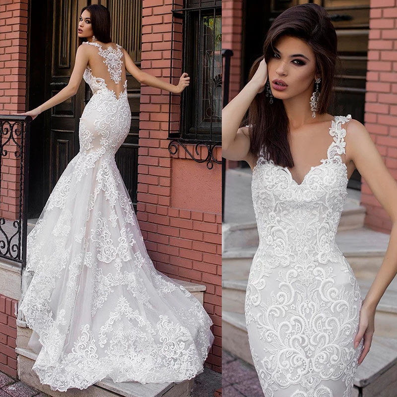 Appliques Sexy Lace Mermaid Dresses Illusion Back Bridal Gowns For Women Vestido De Novia Bride Custom Made Wedding Gown