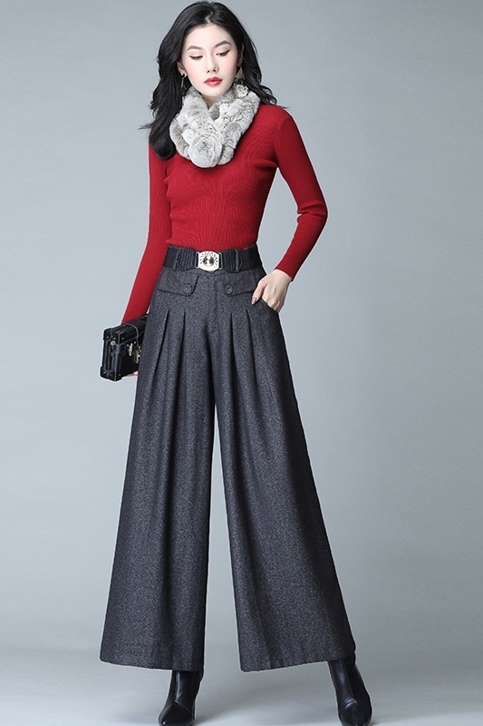 Autumn Winter Solid Color Woolen Pant Pleated Casual Skirt High Waist Loose Wool Wide Leg 660C 220325
