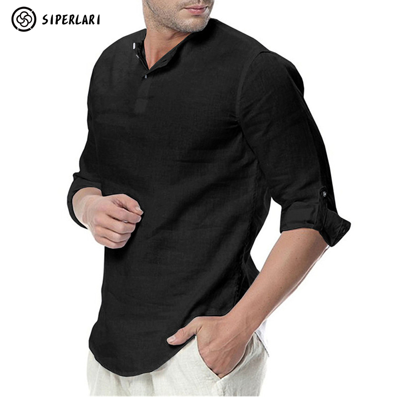 Men's Casual Blouse Cotton Linen Shirt Loose Tops Long Sleeve Tee Spring Autumn Summer Handsome Men 220322