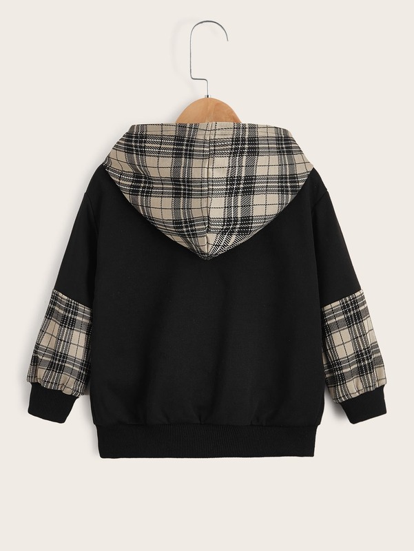 Toddler Boys Zip Up Colorblock Plaid Kangaroo Pocket Hoodie SHE