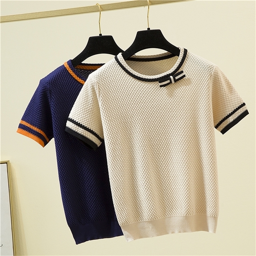 Korean Fashion Bow Patchwork Short Sleeve T-Shirt Women Elegant Summer Knitted Tees Office O-Neck Thin Woman Tshirt Tops Female 220328