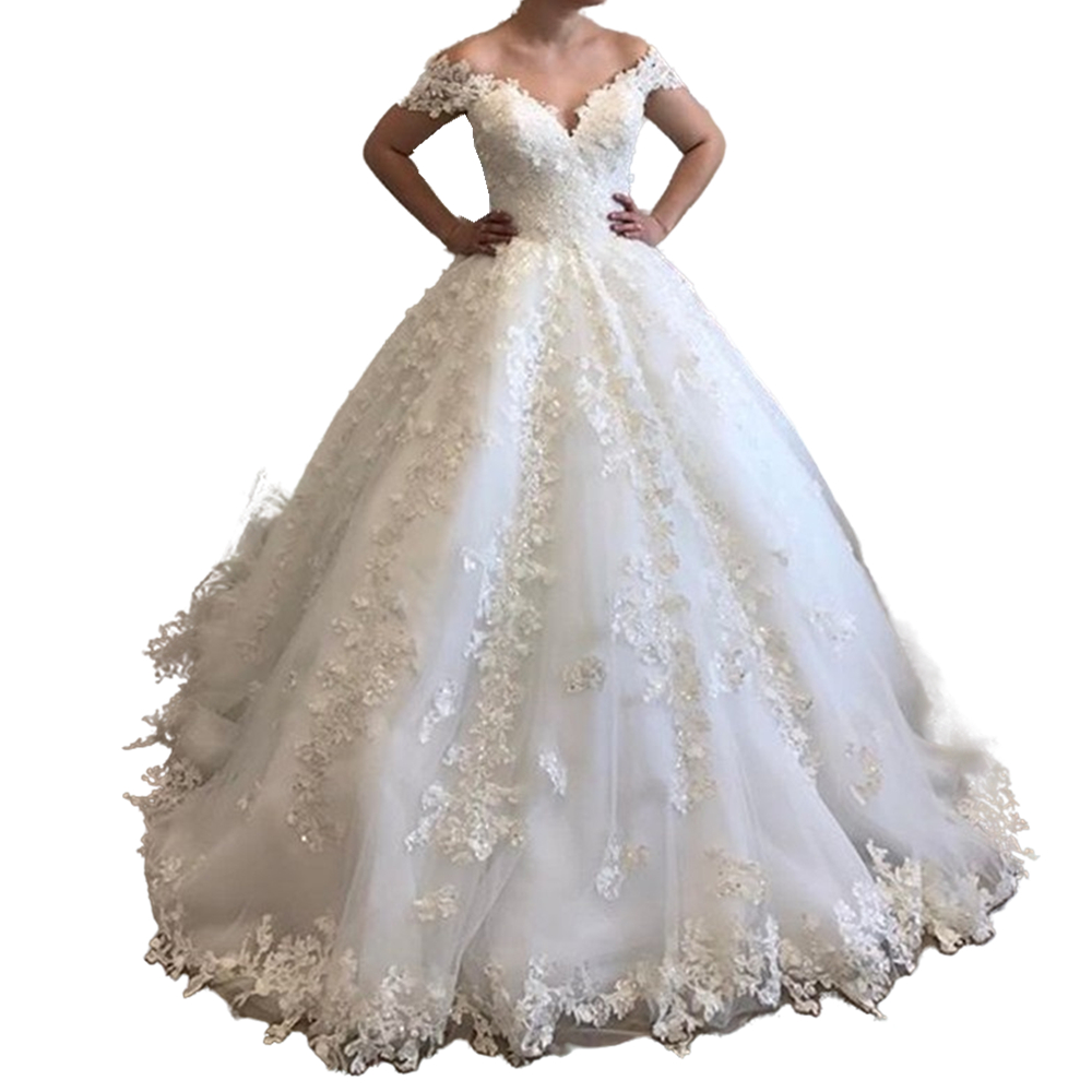 2022 Princess Delicate Lace Ball Gown Wedding Dress Appliques Ivory Tulle V Neck Wedding Gowns Off Shoulder Open Back Classy Country Bridal Dresses Ro