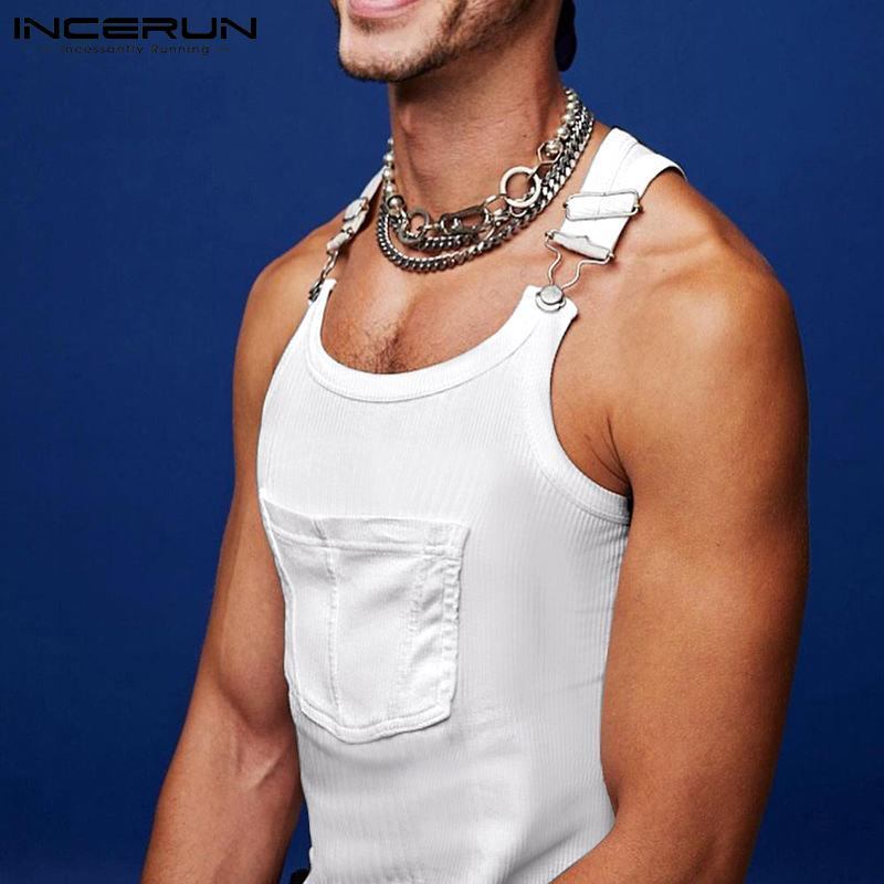 Fashion Men Tank Tops Oneck Solid Color Sleeveless Suspender Vests Men Skinny Pockets Streetwear Sexy Vacation Tops INCERUN 7 220620