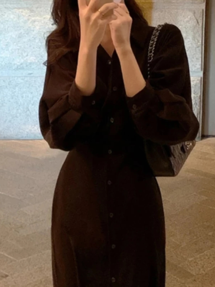 Women's Spring Autumn Fashion Long Sleeve Midi Shirt Dress Elegant Bodycon Solid Vestidos Female Casual Slim Party Clothes 220406