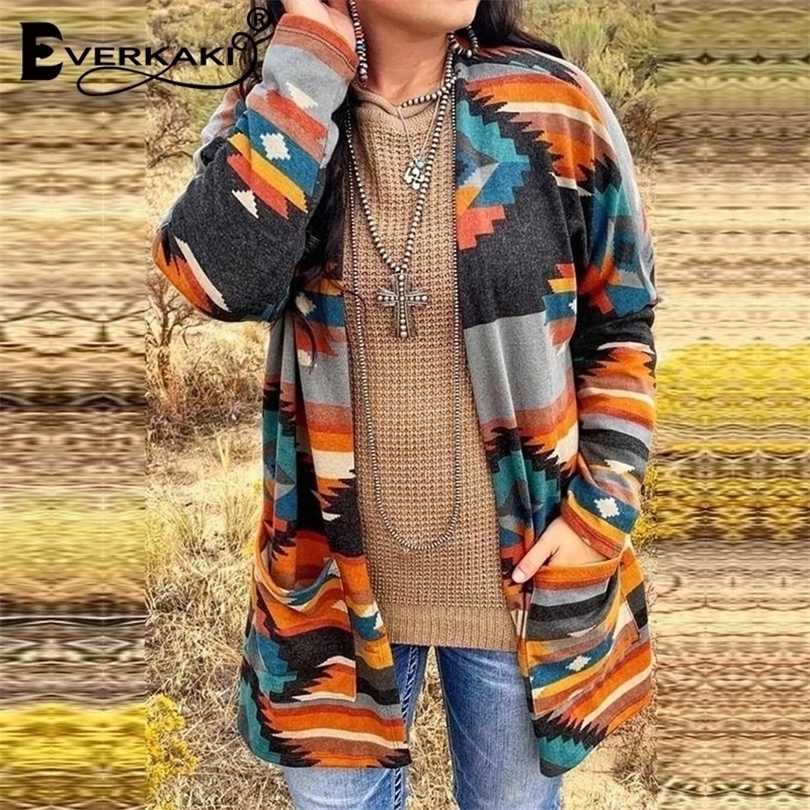 Everkaki Boho Print Jackets Coat Women Autumn Pockets Ethnic Ladies Gypsy Coats Outerwear Female Loose Winter New Fashion