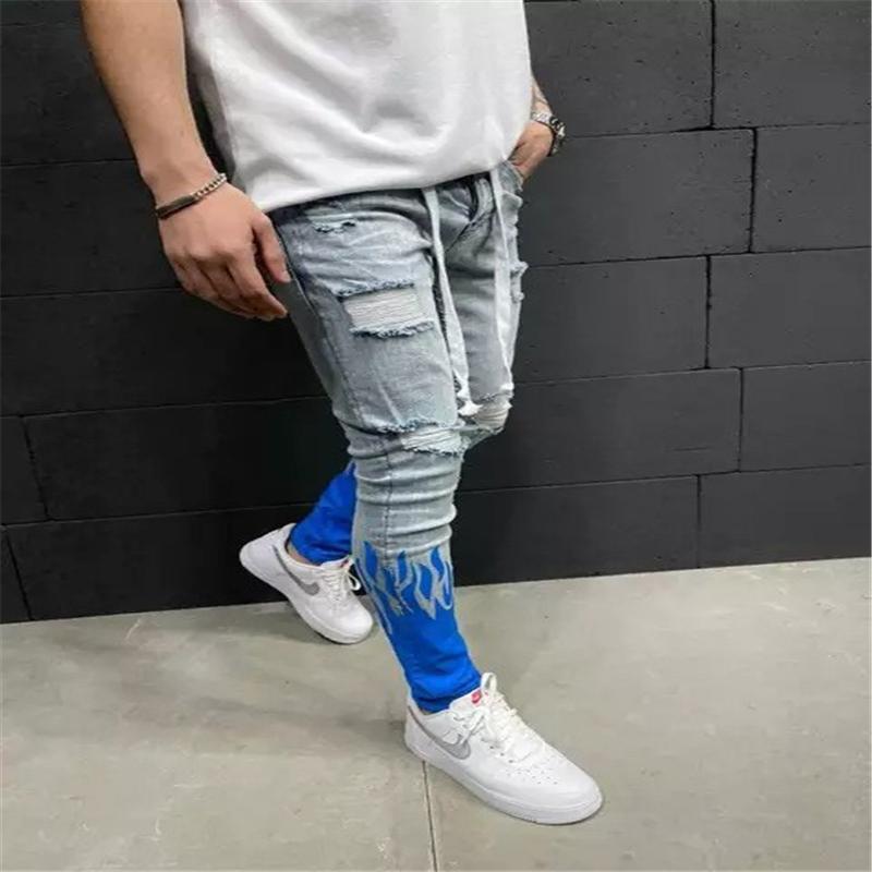 Men's Distressed Denim Cargo Jeans - Flame Colorblock Skinny Fit, Patchwork, Elastic Waist, Spring/Autumn B1