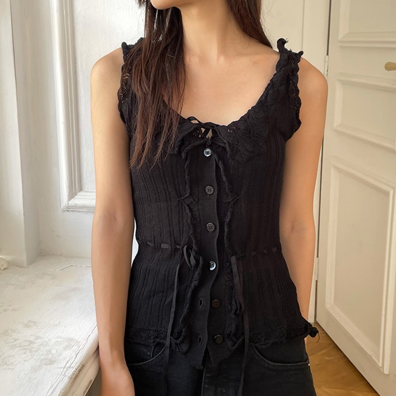 Karrram Casual Solid Vest For Women V Neck Sleeveless Patchwork Lace Up Bowknot Slim Tank Top Female Summer Fashion Stylish 220325