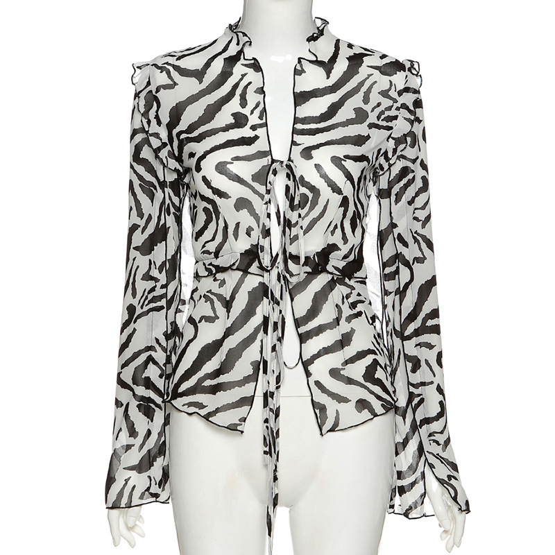 ArtSu Sexy Deep V neck Women Mesh See Through Long Sleeve T Shirts Lace Up Beach Club Tops Fashion Ruffles Tee Mujer TS52303 220728