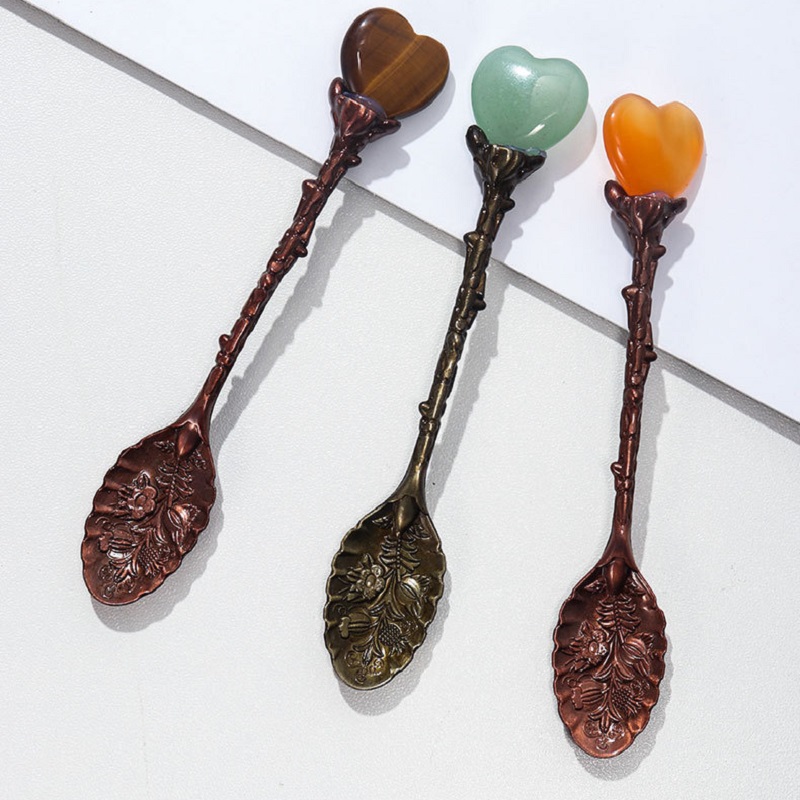 Natural Healing Crystal crafts love heart coffee Spoon Polished Reiki Chakra Gem Long Handle Stirring Small Spoon with white gift box