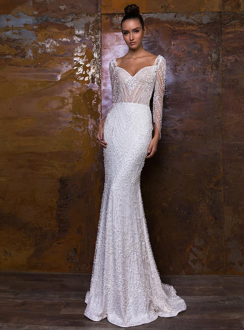 Elegant Wedding Mermaid Dress With Detachable Train Lace Sweetheart Neckline Full Sleeves Long Plus Sizes Bride Gown
