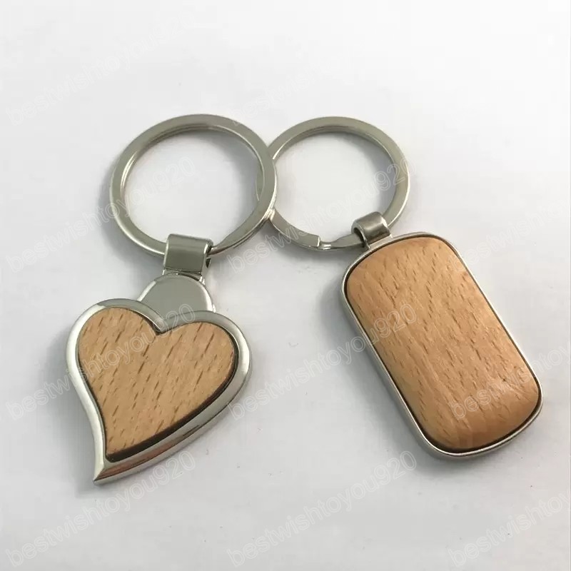 Metal Wood Keychains Key Chain Ring Round Heart Rectangle Simple DIY Blank Wooden Car Key Pendant Holder Fashion Gifts Keyrings