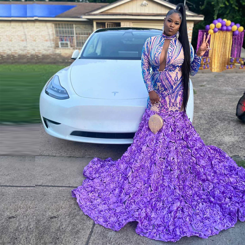 Lavender Lilac Lace Mermaid Evening Formal Dresses with Long Sleeve 3D Floral Rose Bottom Train African Fishtail Prom Gown Robes