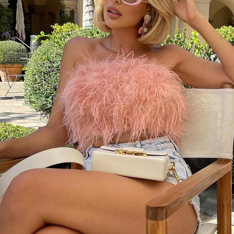 Fashion Women Sexy Furry Tops Camis Casual Tank Female Chic Sleeveless With Real Ostrich Feather Tunic Vest 220316
