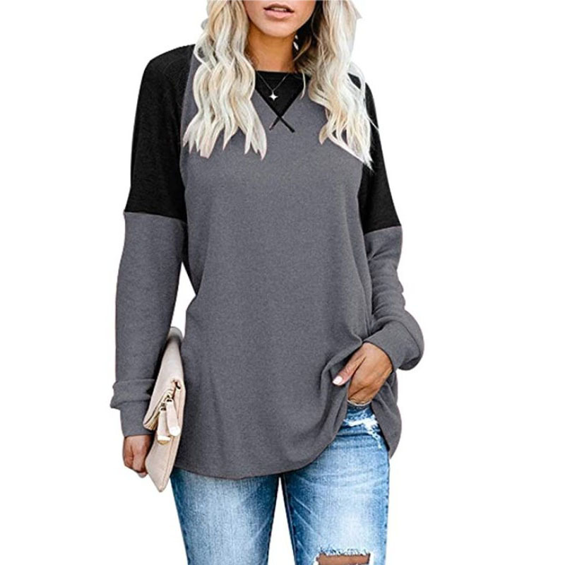 Winter Autumn Patchwork O Neck Solid Color Tops Women's Fashion Casual Loose Plus Size Tees Tunic T Shirt Long Sleeved Pullovers 220318