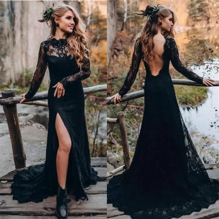 Black Lace Wedding Dresses Bridal Gown Backless Long Sleeves A E Sweep Train Scalloped Necke Side Slit Country Beach Custom Made Vestido De Novia