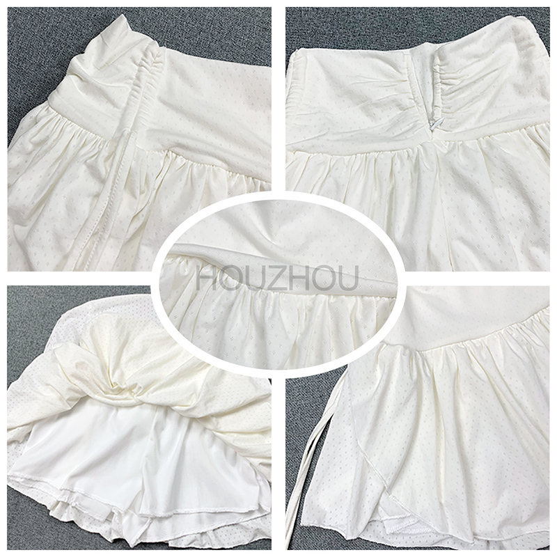 HOUZHOU Sexy Cute White Mini Skirt Women Drawstring Folds High Waist Irregular Ruffle Patchwork Fairycore Short Skirts Mori Girl 220701