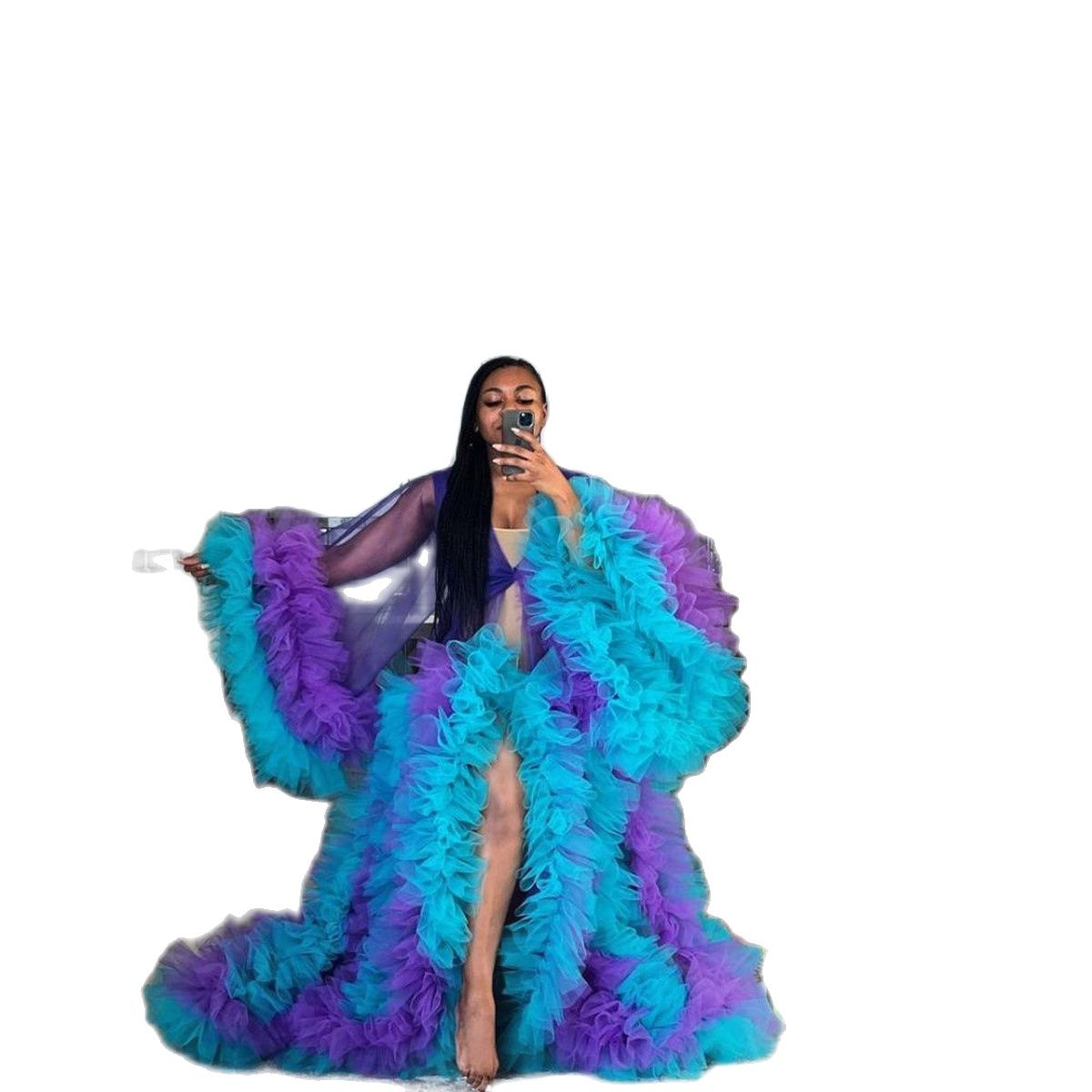 Sexy Women Maternity Gowns Undergarments Colorful Ruffles Tulle Long Sleeve Blue And Purple Photo Shoot Birdal Wraps Chic Puffy Plus Size Robe