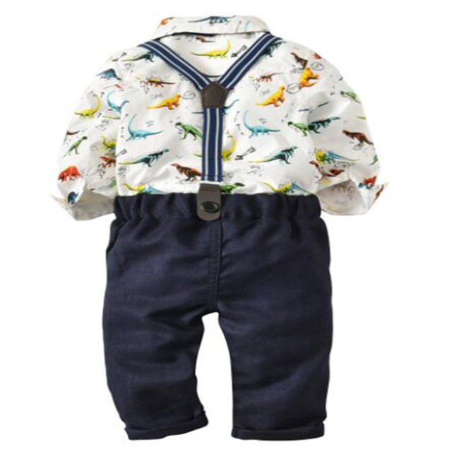 Toddler Infant boys Clothing Set Dinosaurs Print Long Sleeve Top Romper +Suspender Pants + Bow Tie 3pcs Suit kids Baby Clothes