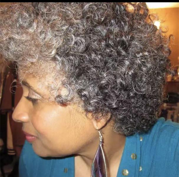Short gray kinky curly afro wig for women non lace machine made salt and pepper human hair wig