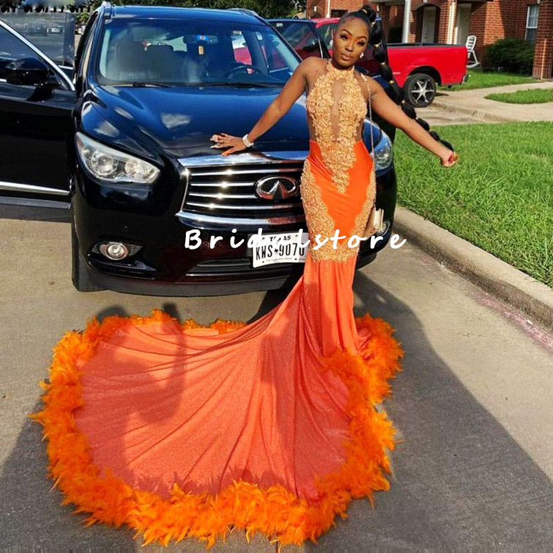 Black Girls Orange Prom Dress With Feather Luxury Halter Mermaid African Nigerian Evening Gown 2022 Sleeveless Train Party Wear Robes De Soirée Specia