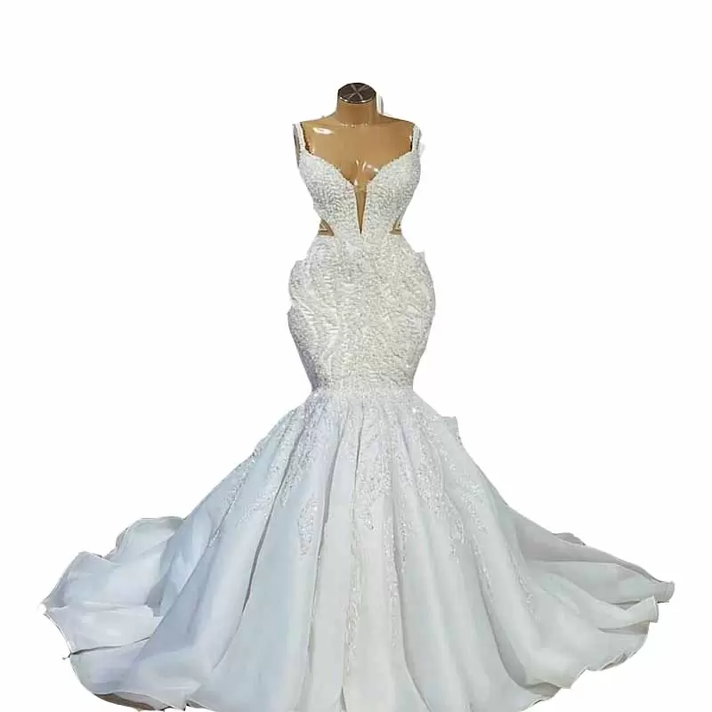 Urious Sexy Crystal Beading Lace Mermaid Wedding Dresses Bridal Gowns Embroidery Spaghetti V Neck Sweep Train Robe De Mariage