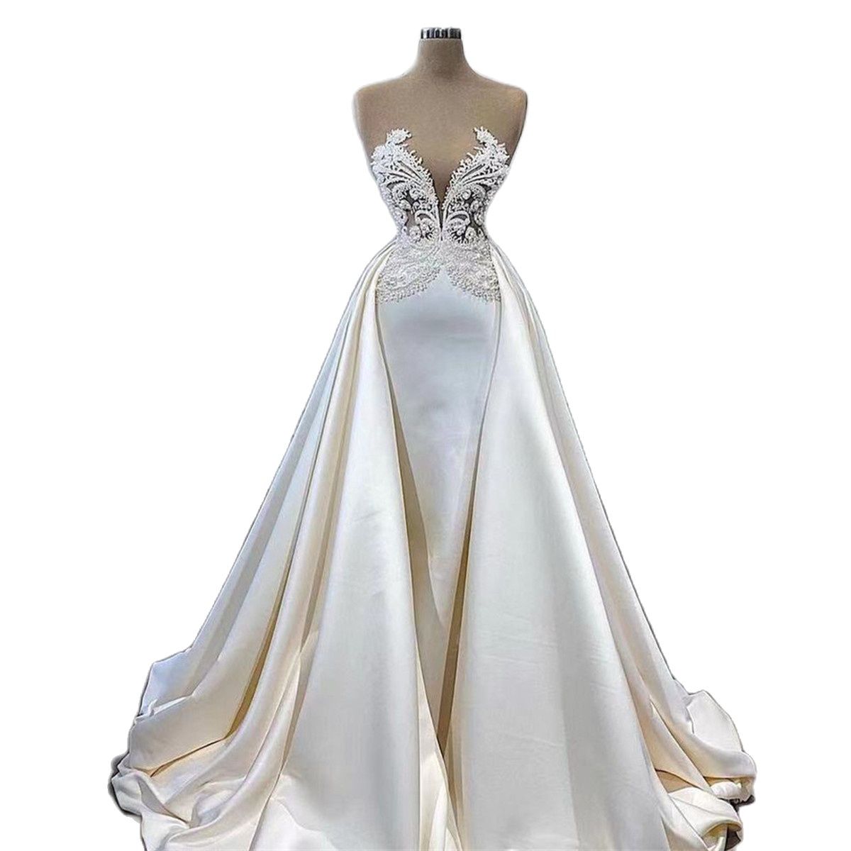 Satin Elegant White Pearls Evening Dresses Illusion Top Gowns for Women Vestidos De Fiesta Prom Party Dress