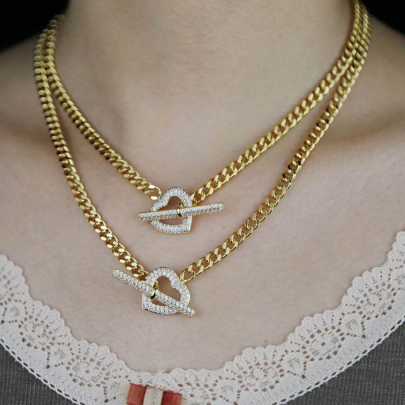 Cuban k Chain Heart Clasp Necklace: Gold-Plated Micro Paved Clear Cz