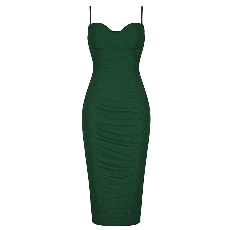 Mesh Draped Bandage Dress Arrival Midi Bandage Dress Bodycon Women Summer Green Sexy Party Dress Evening Club Outfits 220507