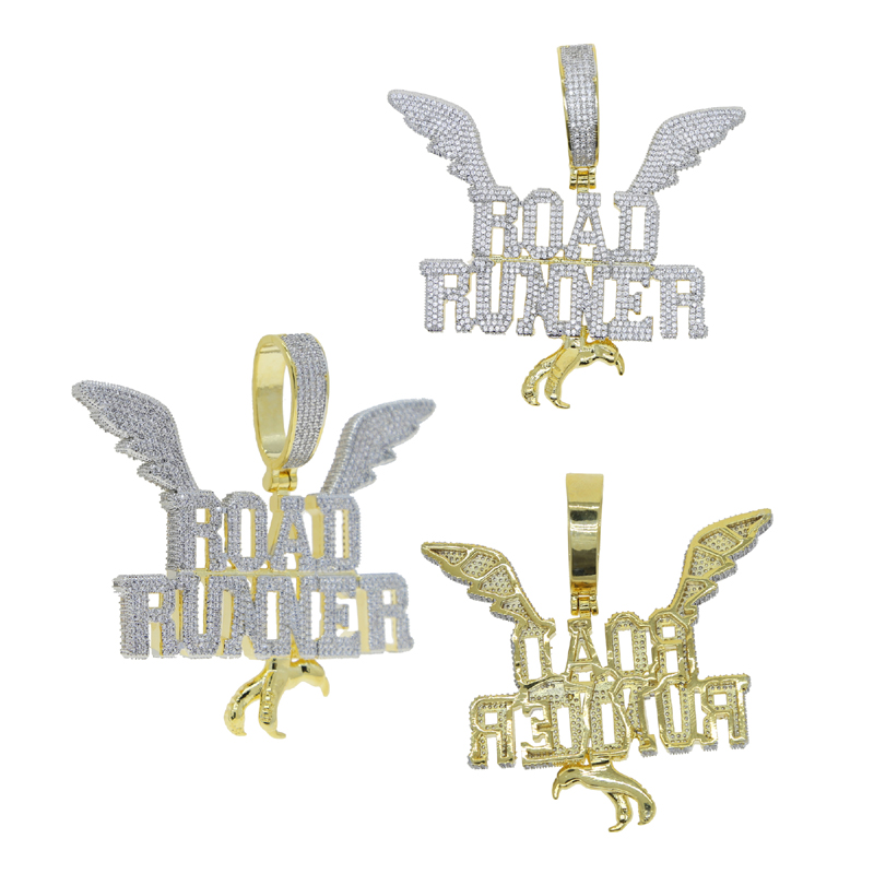 Hip Hop Micro Pave Bg Wings Pendant Necklace with Rope Chain for Men, 5A Cubic Zirconia CZ, Gold & Sier, Fashion Charm Jewelry