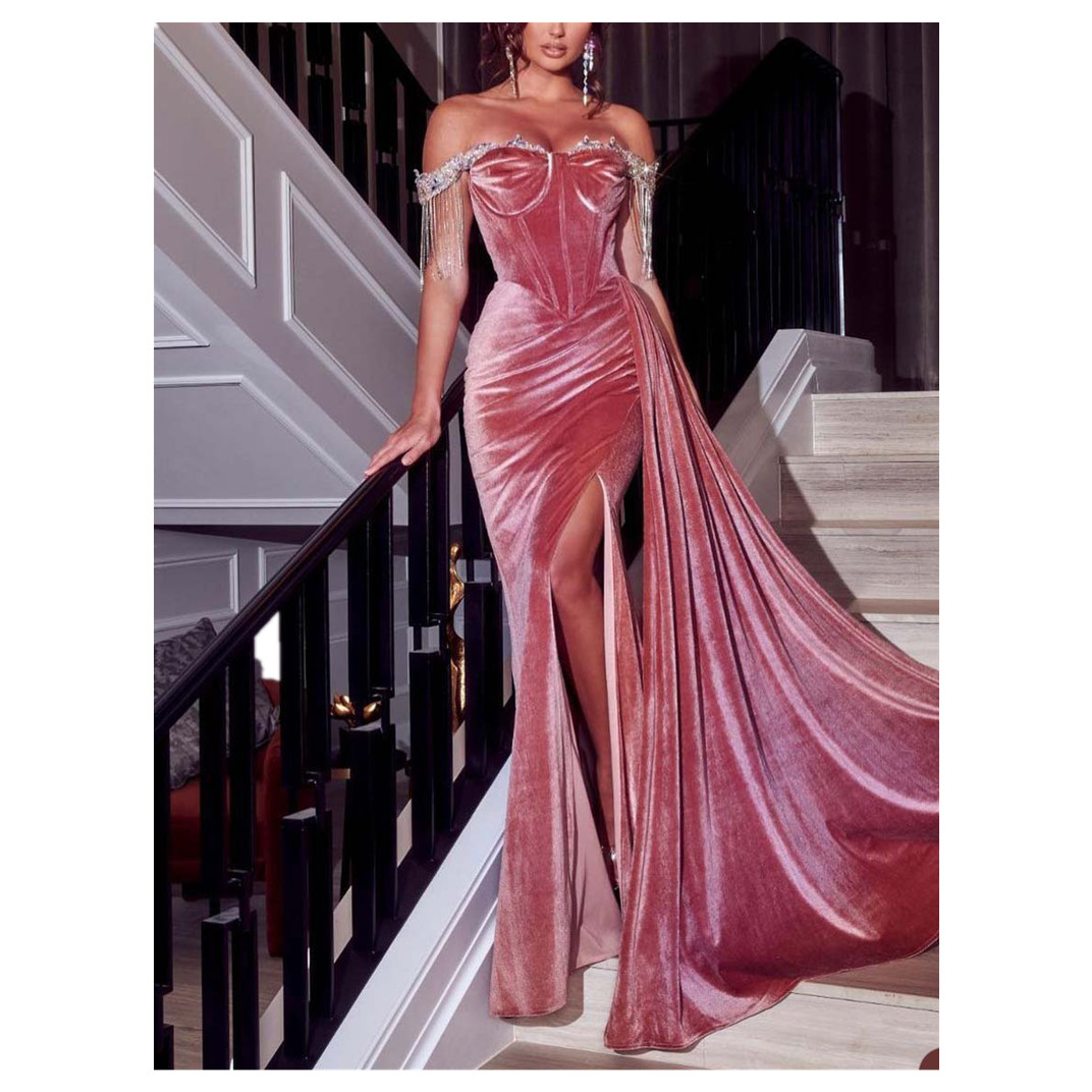 Pink Mermaid Prom Dresses Sexy Sweetheart Sleeveless Off Shoulder Sequins Appliques Velvet Floor Length Side Slit Plus Size Formal Party Gowns Custom 