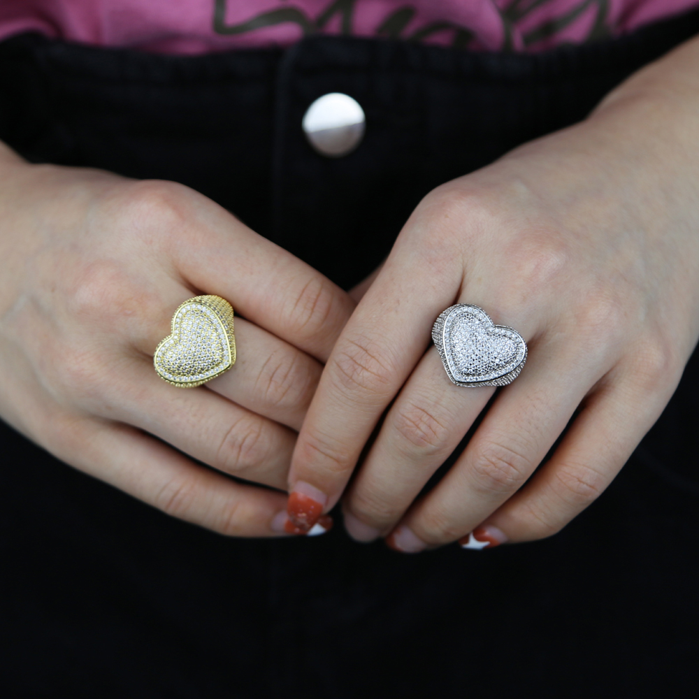 Micro Pave CZ Full Finger Ring For Women Big Heart Shaped Valentine039s Gift Ice Out Bling Cocktail Rings