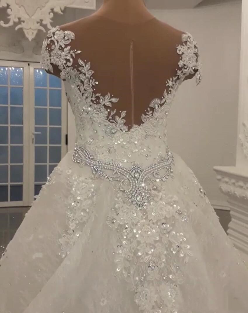 Luxurious Robe de Mariage Modern Lace Mermaid Wedding Dresses with detachable train Shining Crystals Beads Appliques Sheer Neck Bridal Gowns