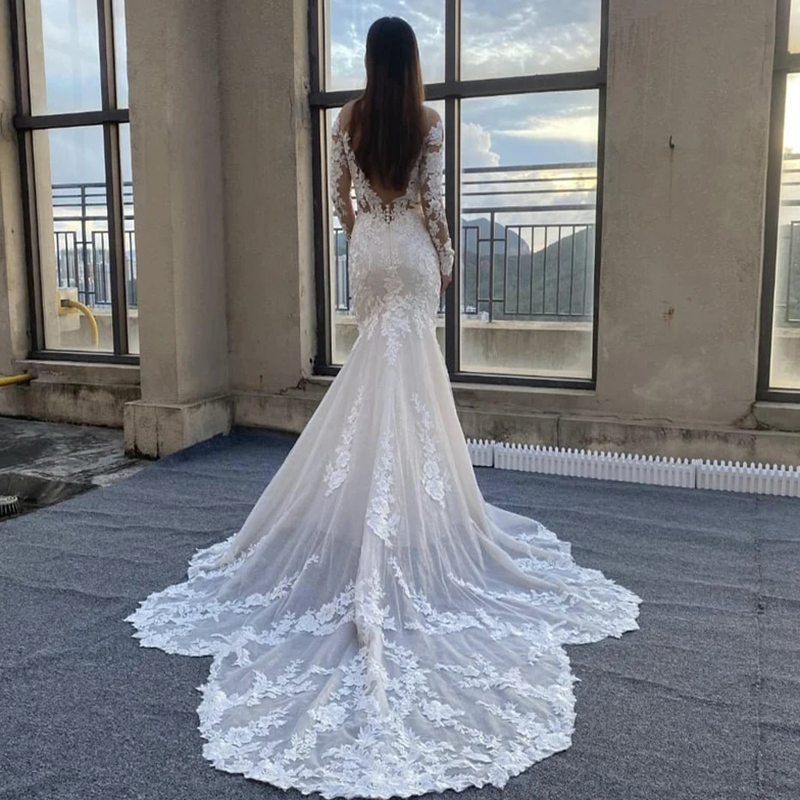 Chic Lace Mermaid Boho Wedding Dress 2022 Long Sleeve Backless Bohemian Wedding Gowns Trumpet Train Garden Country Bridal Dresses Women Robe De Mariée