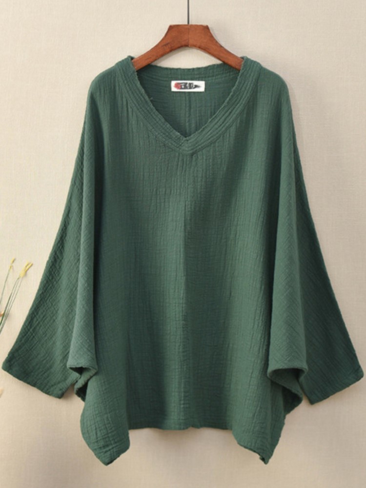 Johnature Spring Bat Sleeve T Shirts Vintage Women Cotton Linen V Neck Solid Color Cloths Casual 220714