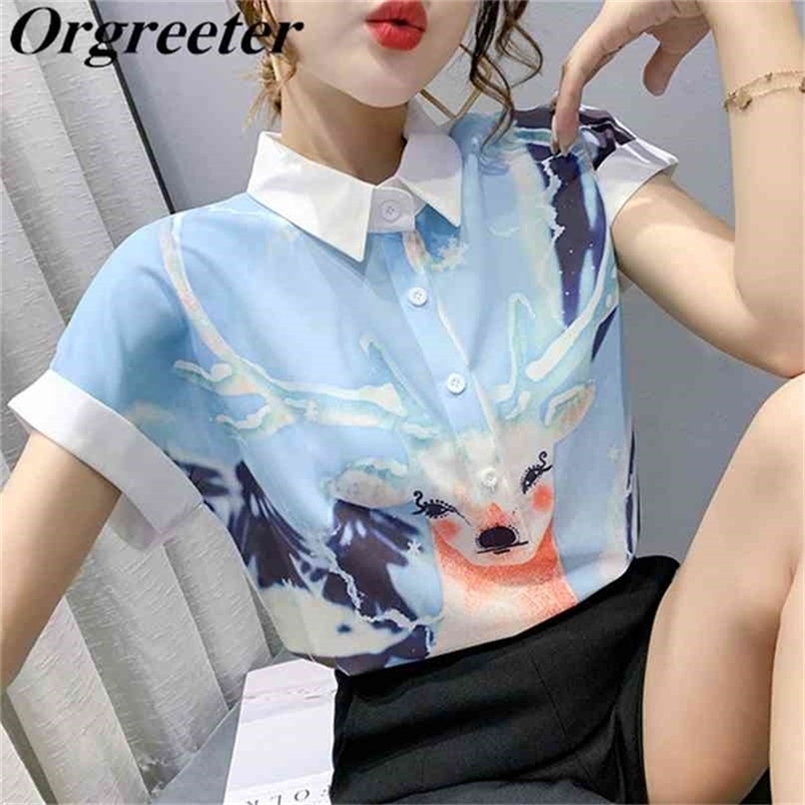 Summer Fashion Cartoons Design Deer Print Chiffon Shirt Women's Short-sleeved Lapel Blue Tops 210602
Summer Fashion Cartoons Design Deer Print Chiffon Shirt Women's Short-sleeved Lapel Blue Tops 210602