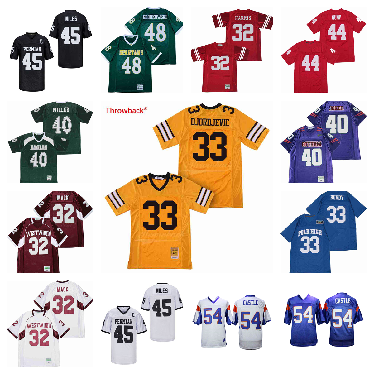 Movie version American football jerseys 32 Mack Harris 33 Bundy Djordjevic 40 Joker Miller 44 Gump 45 Mles 48 Gronkowski 54 Castle, Same as picture
Movie version American football jerseys 32 Mack Harris 33 Bundy Djordjevic 40 Joker Miller 44 Gump 45 Mles 48 Gronkowski 54 Castle, Same as picture