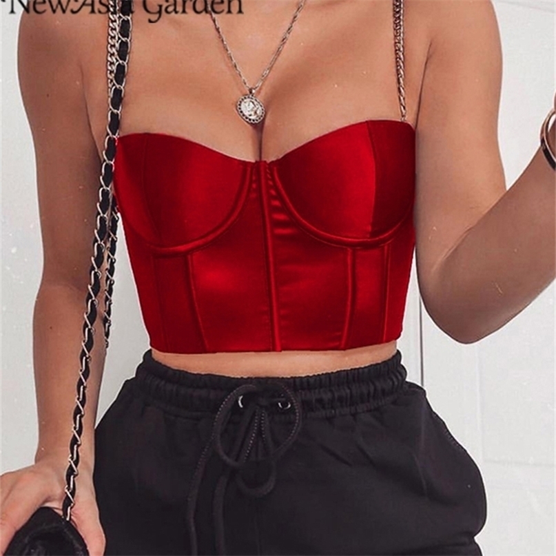 Asia Summer Crop Top Women Sexy Bustier Blackless Chain Strap Padded ped Casual Satin Black s Clothes 220325