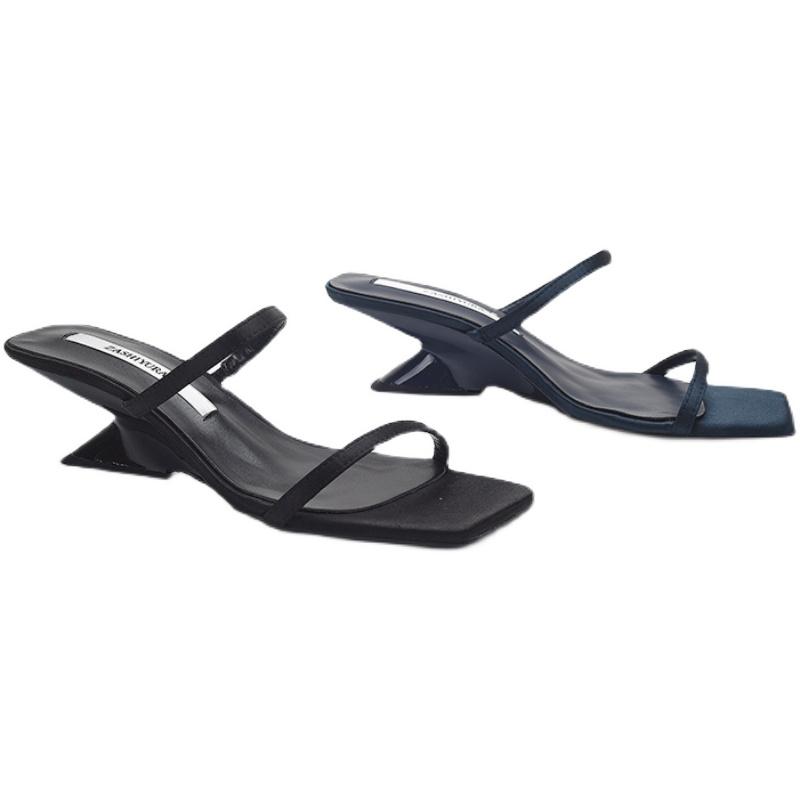 Sandals Summer Blue Satin Wedge Heel Square Toe Open Women Black SandalsSandals