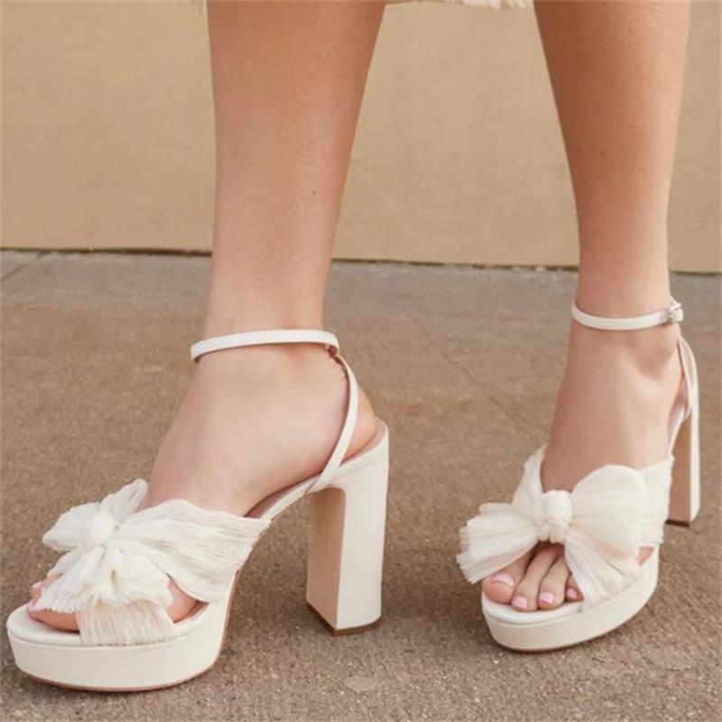 Sandals Luxury Ladies Platform High Heels Woman Fashion Bow Summer Party Elegant Pleat Banquet Plus Size ShoesSandals