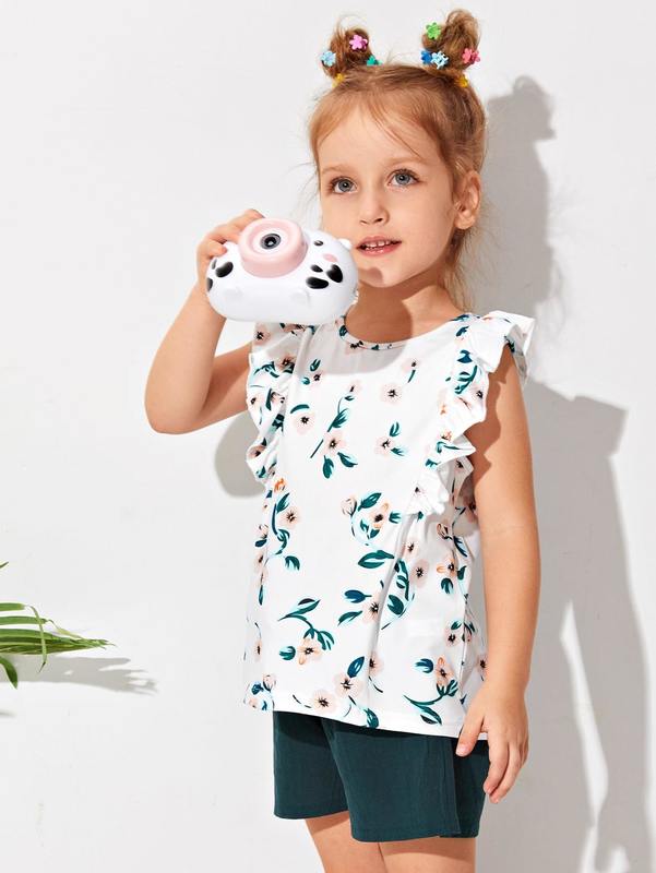Toddler Girls Floral Print Ruffle Trim Tee & Belted Shorts SHE