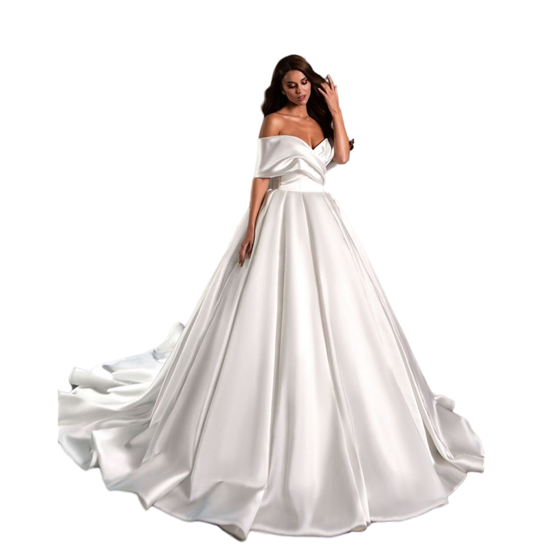 2022 Simple White Satin A Line Wedding Dress Off The Shoulder Short Sleeve Korean Style Bridal Gowns Court Train Charming Bride Dresses