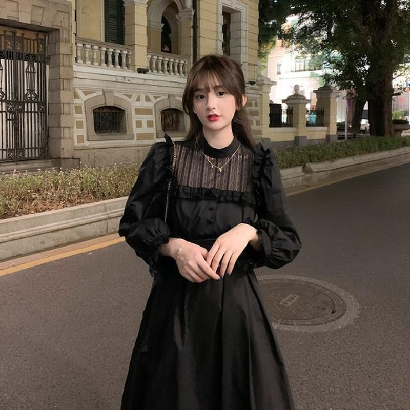QWEEK Gothic Black Lace Dress Women Casual Elegant Party Midi Ruffle Long Sleeve Dress Emo Y2k Goth Clothes Spring Robes 220518