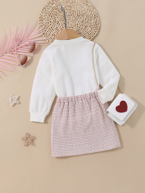 Toddler Girls Bear Embroidery Sweatshirt & Plaid Skirt SHE