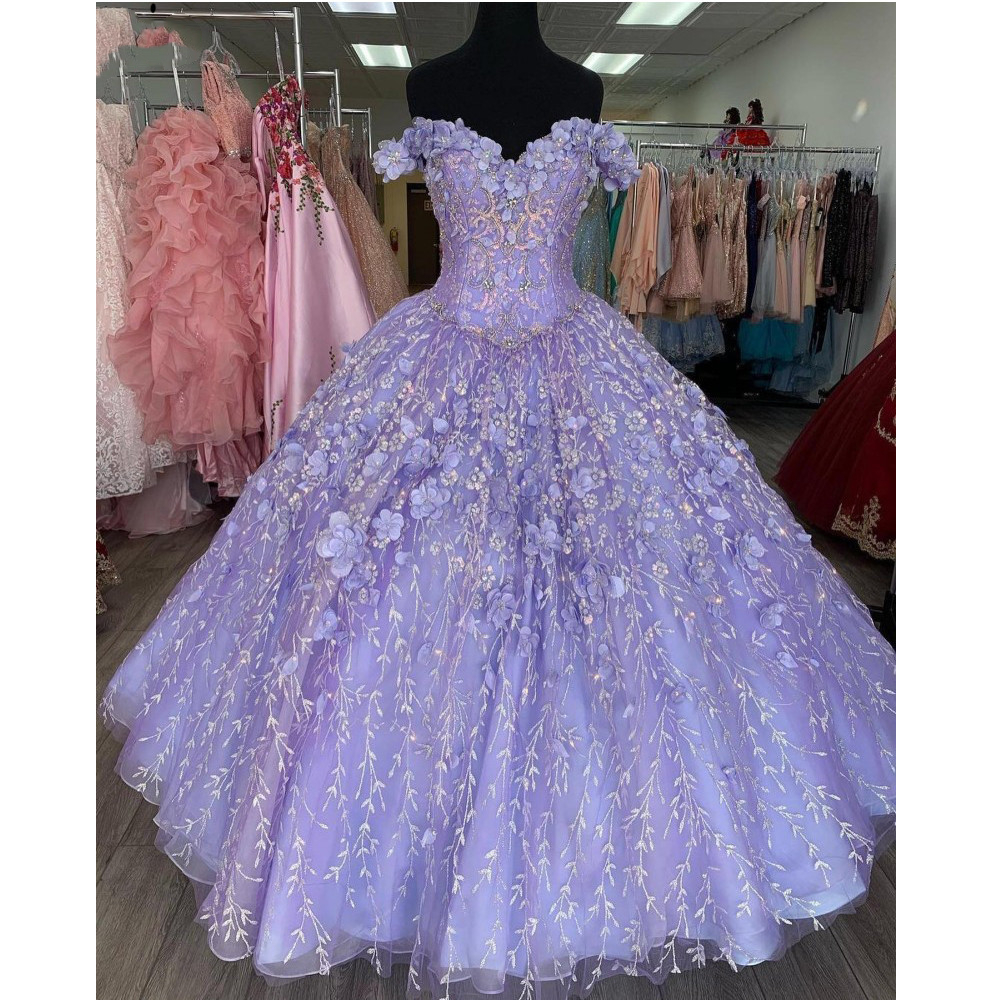 Princess Lavender Quinceanera Sweet 16 Dresses 3D Floral Lace Appliques Off Shoulder Brithday Dresses With Wrap Lace-up Flowers Prom Ball Gowns Gradua