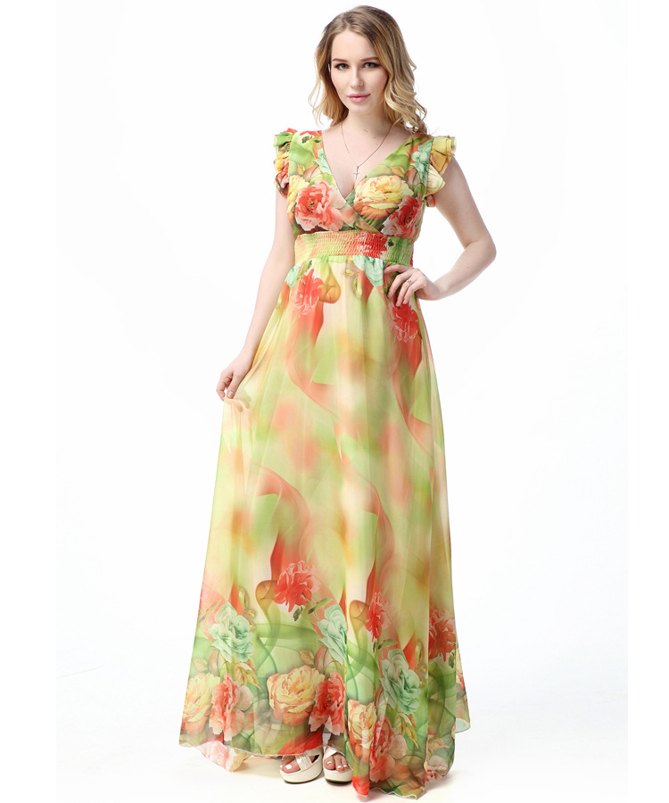 Big Size Maxi Dresses L-5XL Women's Long Chiffon Floral Print Beach Dress Short Sleeve Sexy Elegant Bohemian Dress