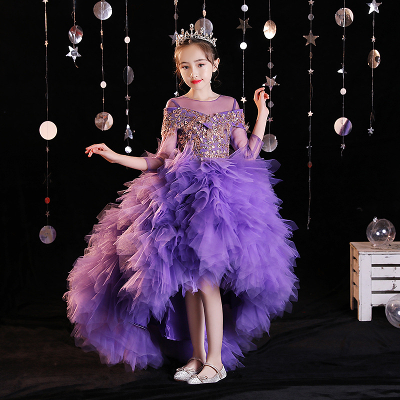 Purple Puffy Girls Dresses 3D Flower V Neck Long Train Kids Teens Pageant Gowns Sequined Birthday Party Dress For Wedding Cooktail Gown 403
